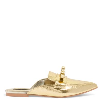 Mule Dourado Couro Craquele Bico Fino