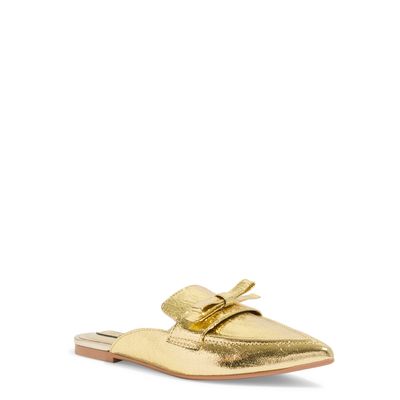 Mule Dourado Couro Craquele Bico Fino