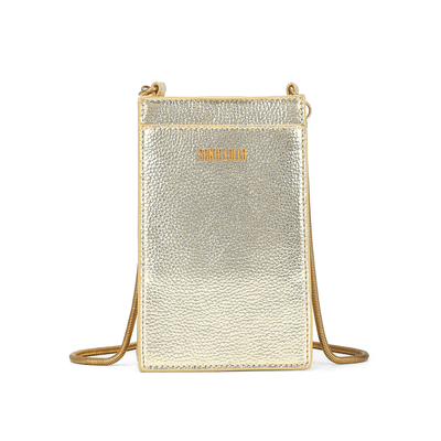 Bolsa Porta Celular Material Metalizado Dourada Alça Transversal