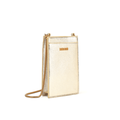 Bolsa Porta Celular Material Metalizado Dourada Alça Transversal