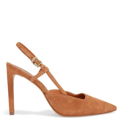 Scarpin Slingback Couro Camurça Marrom Salto Alto