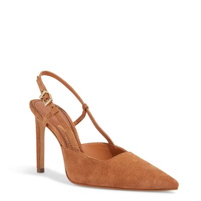 Scarpin Slingback Couro Camurça Marrom Salto Alto