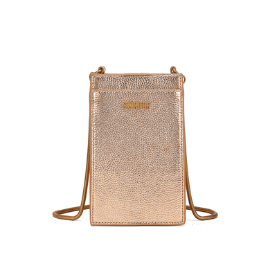 Bolsa Porta Celular Material Metalizado Marrom Cobre Alça Transversal