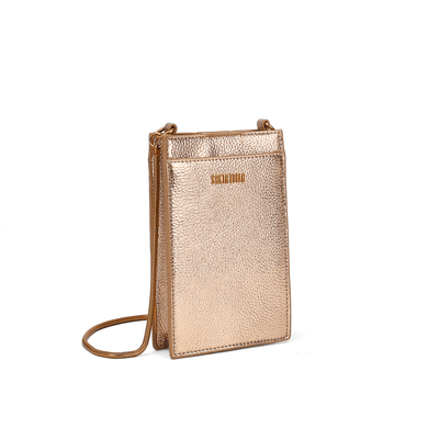 Bolsa Porta Celular Material Metalizado Marrom Cobre Alça Transversal