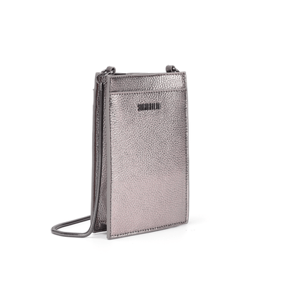 Bolsa Porta Celular Material Metalizado Cinza Grafite Alça Transversal