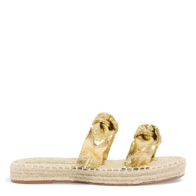 Papete Espadrille Couro Craquele Dourada Tiras Laço