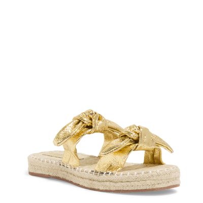 Papete Espadrille Couro Craquele Dourada Tiras Laço