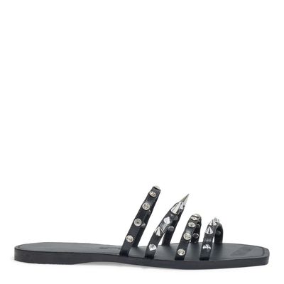 Rasteira Couro Preta Bico Quadrado Spikes