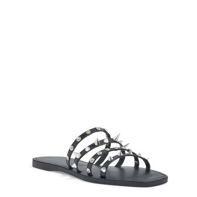 Rasteira Couro Preta Bico Quadrado Spikes