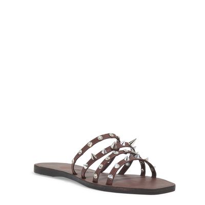Rasteira Couro Marrom Bico Quadrado Spikes