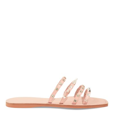 Rasteira Couro Rosa Bico Quadrado Spikes