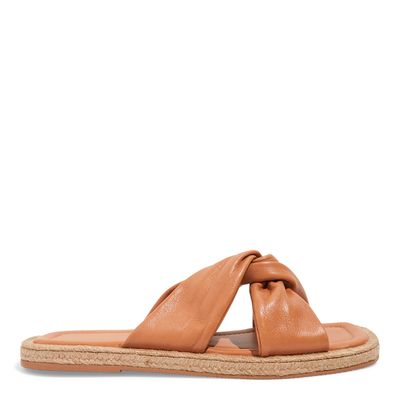 Rasteira Espadrille Couro Nobre Caramelo Bico Quadrado
