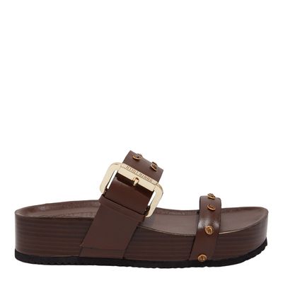 Papete Flatform Couro Confort Rebites Strass de Cristal Marrom