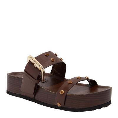 Papete Flatform Couro Confort Rebites Strass de Cristal Marrom