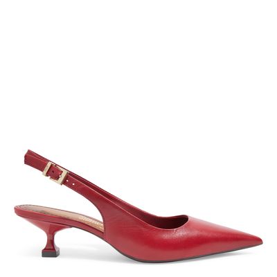 Scarpin Slingback Couro  Bico Fino Salto Baixo Vermelho Cherry