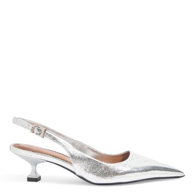 Scarpin Slingback Couro Craquele Metalizado Salto Baixo Prata