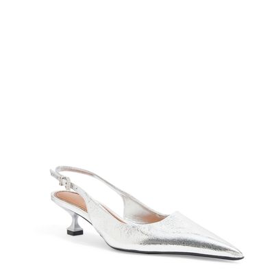 Scarpin Slingback Couro Craquele Metalizado Salto Baixo Prata