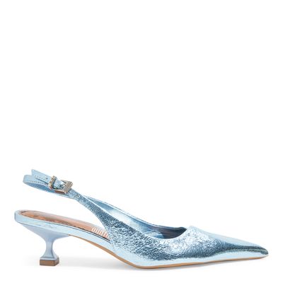 Scarpin Slingback Couro Craquele Salto Baixo Azul Metalizado