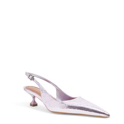 Scarpin Slingback Couro Craquele Salto Baixo Rosa Metalizado