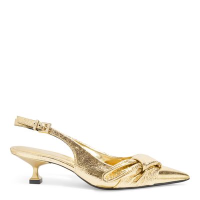 Scarpin Slingback Laço Couro Craquele Salto Baixo Dourado