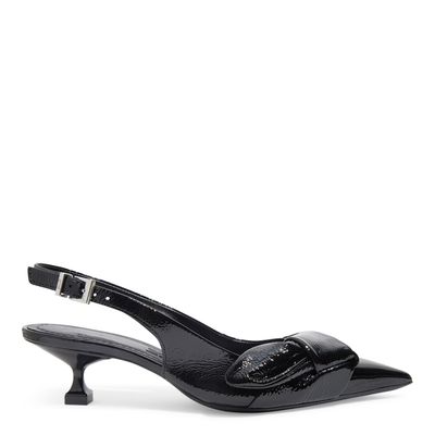 Scarpin Slingback Laço Couro Verniz Salto Baixo Preto