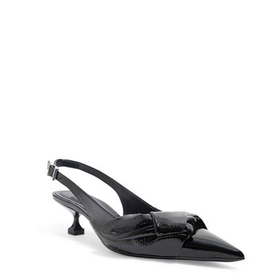 Scarpin Slingback Laço Couro Verniz Salto Baixo Preto