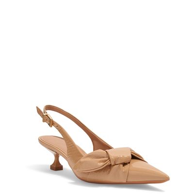 Scarpin Slingback Laço Couro Craquele Salto Baixo Bege
