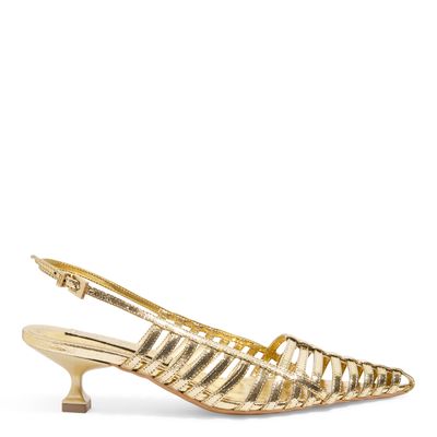 Scarpin Slingback Dourado Couro Craquele Salto Taça