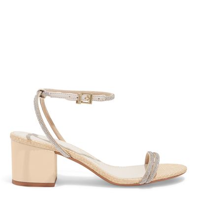 Sandália Palha Brilho Prata Salto Bloco Baixo