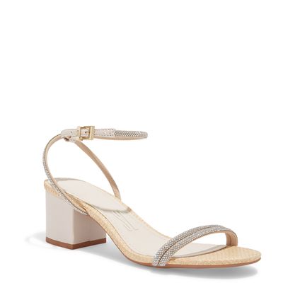 Sandália Couro Nobre Soft Creme Salto Bloco Baixo Brilho Strass