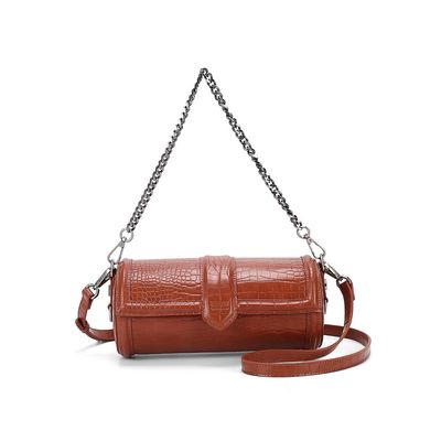 Bolsa Cilindro Marrom Canela Croco Alça Corrente