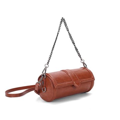 Bolsa Cilindro Marrom Canela Croco Alça Corrente