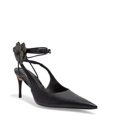 Scarpin Couro Preto Amarração Salto Alto Fino Preto
