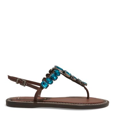 Rasteira Flat Couro Marrom e Pedraria Azul
