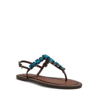 Rasteira Flat Couro Marrom e Pedraria Azul