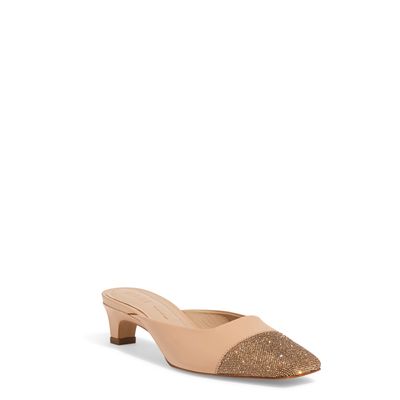 Mule Couro Confort Brilhos Strass Salto Baixo Bege