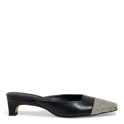 Mule Couro Confort Brilhos Strass Salto Baixo Preto