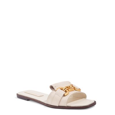 Rasteira Couro Flat Bico Quadrado Tira Larga Off White