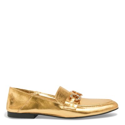 Mocassim Couro Cristal Dourado Bico Redondo