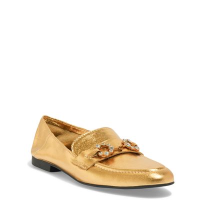 Mocassim Couro Cristal Dourado Bico Redondo