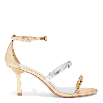 Sandália Couro Craquele Soft Salto Fino Dourado