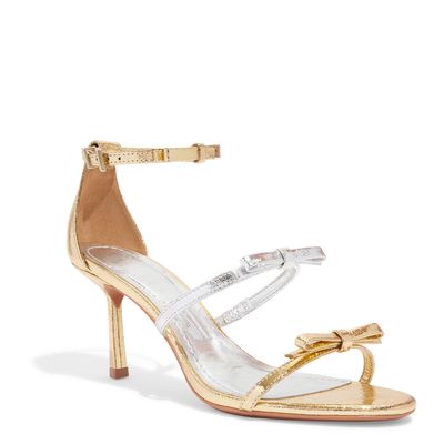 Sandália Couro Craquele Soft Salto Fino Dourado