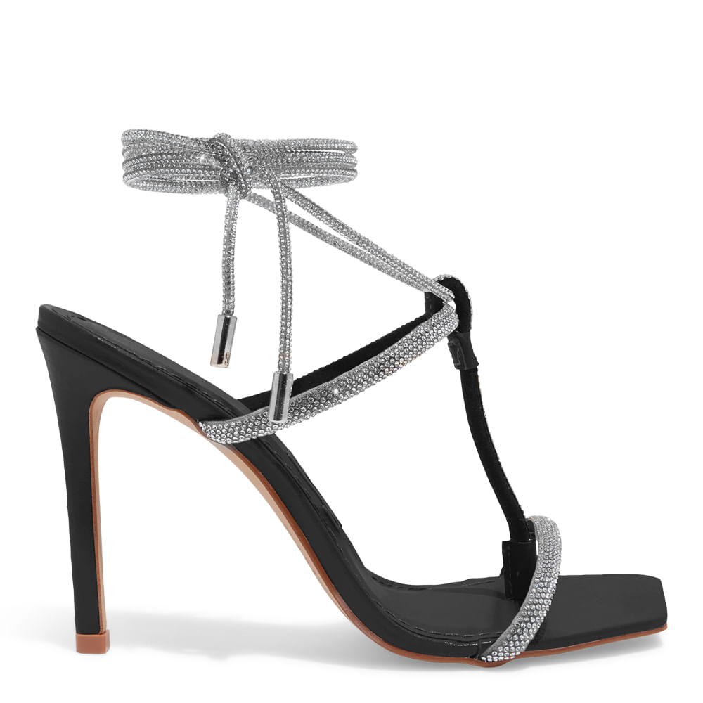 Sandália Couro Salto Alto Amarração Brilhos Preta Santa Lolla