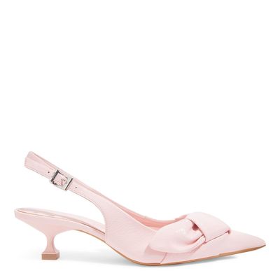Scarpin Slingback Laço Couro Craquele Salto Baixo Rosa Bebê