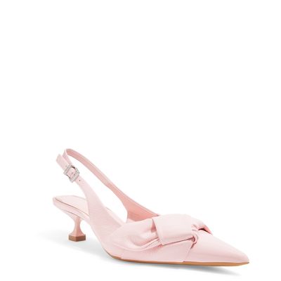 Scarpin Slingback Laço Couro Craquele Salto Baixo Rosa Bebê