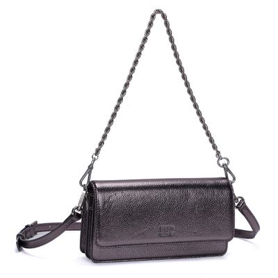 Bolsa Pequena Retangular Material Metalizado Cinza Grafite Duas Alças