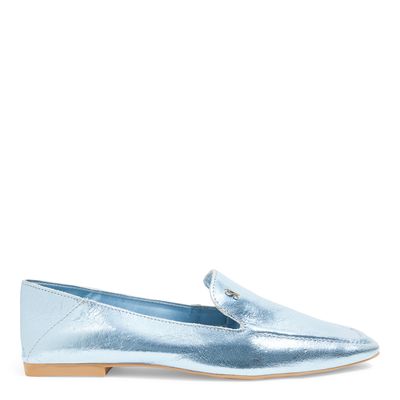 Mocassim Couro Craquele Azul Claro Bico Quadrado