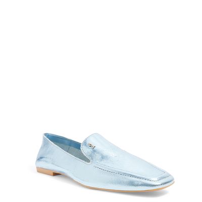 Mocassim Couro Craquele Azul Claro Bico Quadrado