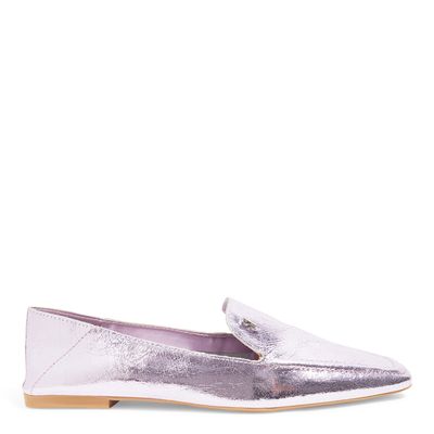 Mocassim Couro Craquele Rosa Claro Bico Quadrado