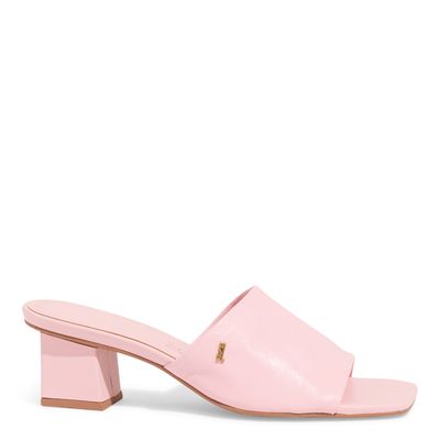 Mule Couro Nobre Salto Bloco Baixo Rosa